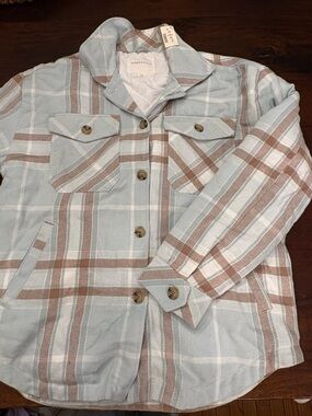 Aeropostale Light Blue and Tan Plaid Quilted Jacket